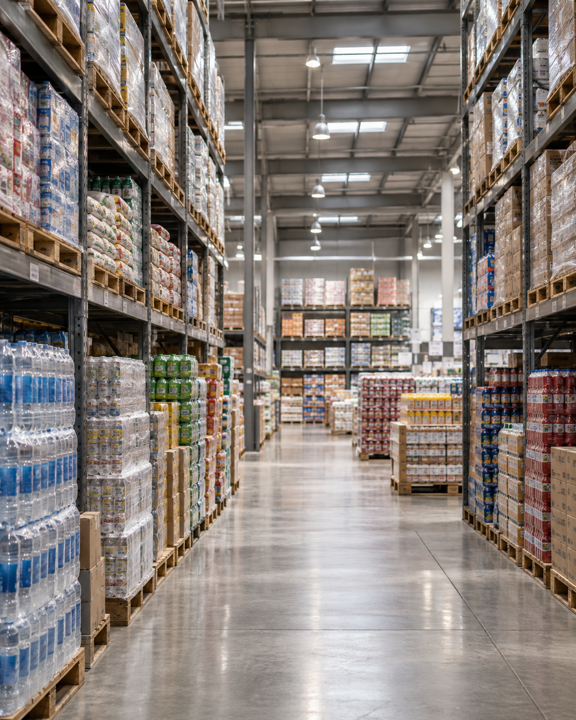Corredor de atacado com mercadorias em grandes volumes