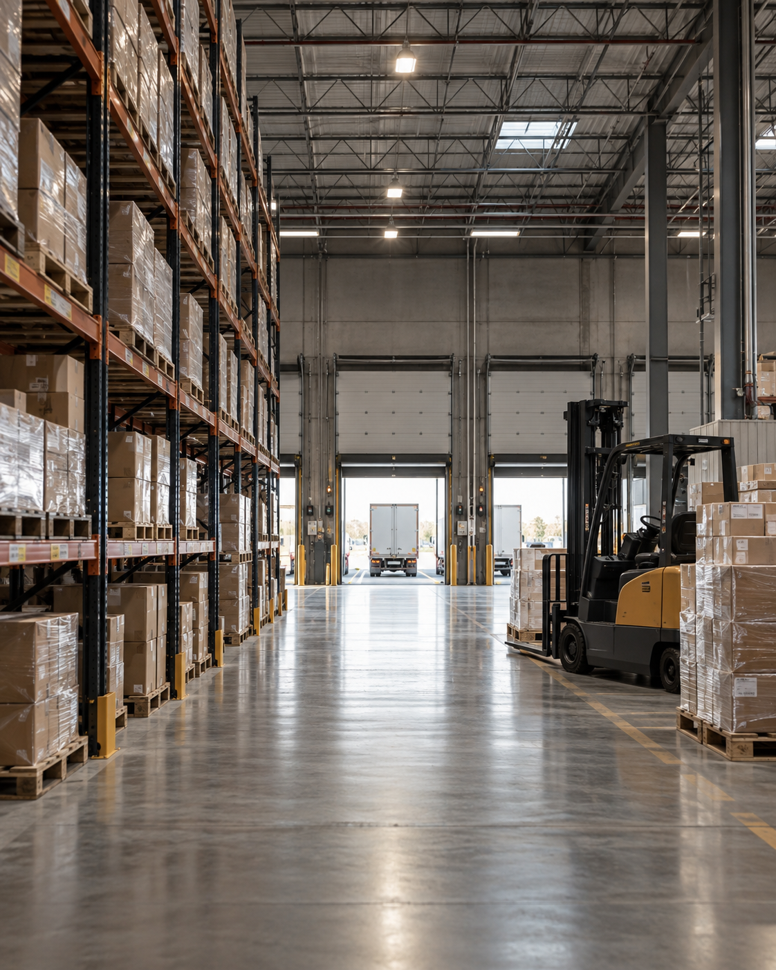 Centro de distribuição com estruturas de armazenagem e paletes