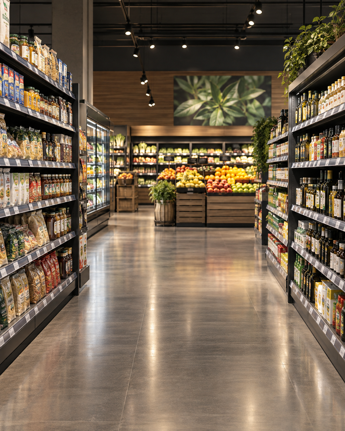 Corredor de supermercado com produtos organizados nas prateleiras